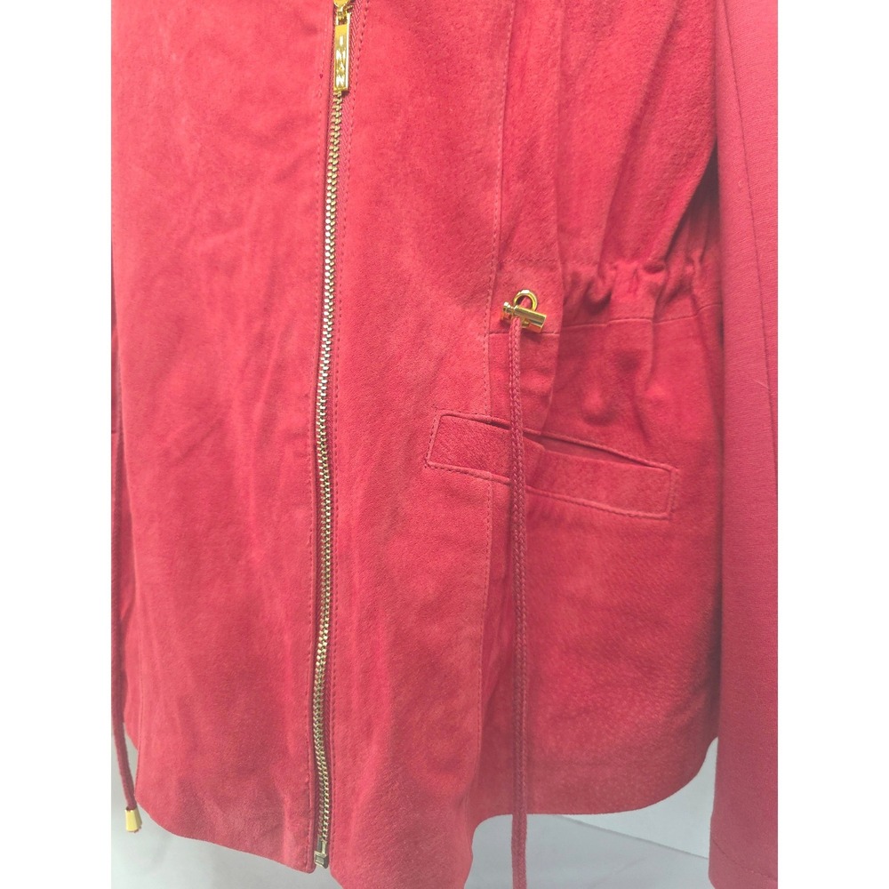 IMAN Tomato Red Genuine Suede Leather Asymmetrical Zip Moto Jacket L‎ Drawstring - Picture 3 of 7